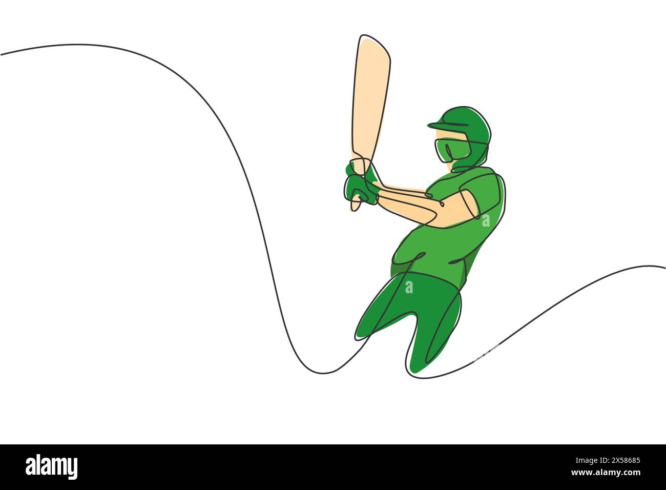 Dessin de ligne continue simple de jeune homme agile joueur de cricket swing batte de cricket à l'illustration vectorielle de terrain d'entraînement. Concept d'exercice sportif. Tre Illustration de Vecteur