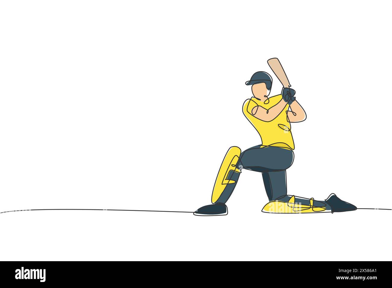 Un dessin simple ligne de jeune homme énergique joueur de cricket stand avec genou sur le sol illustration vectorielle. Concept de foire sportive. Continu moderne Illustration de Vecteur