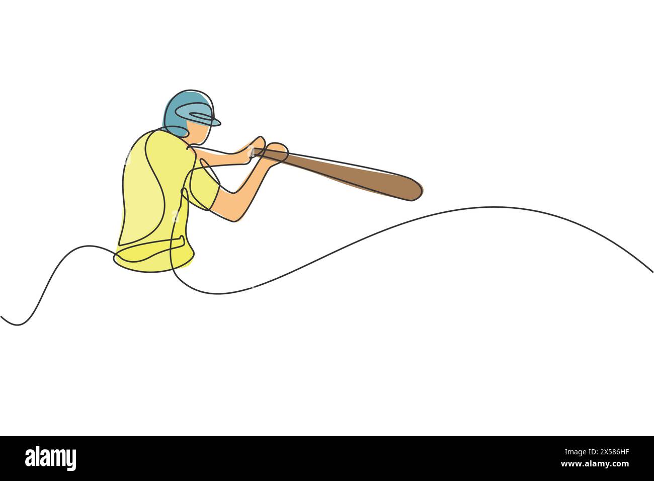 Un dessin simple ligne de la pratique de joueur de baseball jeune homme énergique pour frapper l'illustration vectorielle de balle. Concept d'entraînement sportif. Continu moderne Illustration de Vecteur