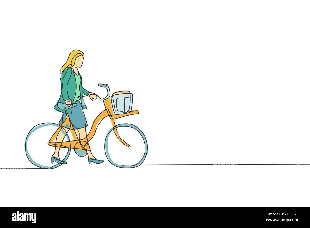 Une seule ligne dessinant la jeune femme employée de démarrage heureuse rouler à vélo à l'illustration graphique vectorielle de l'espace de coworking. Une vie saine des travailleurs urbains Illustration de Vecteur