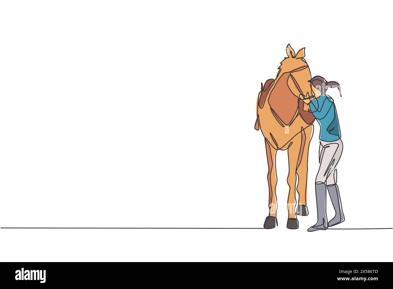 Une seule ligne dessinant jeune cavalier femme serrant et frottant son crin de cheval à l'illustration vectorielle stable. Compétition de spectacle de sport équestre con Illustration de Vecteur