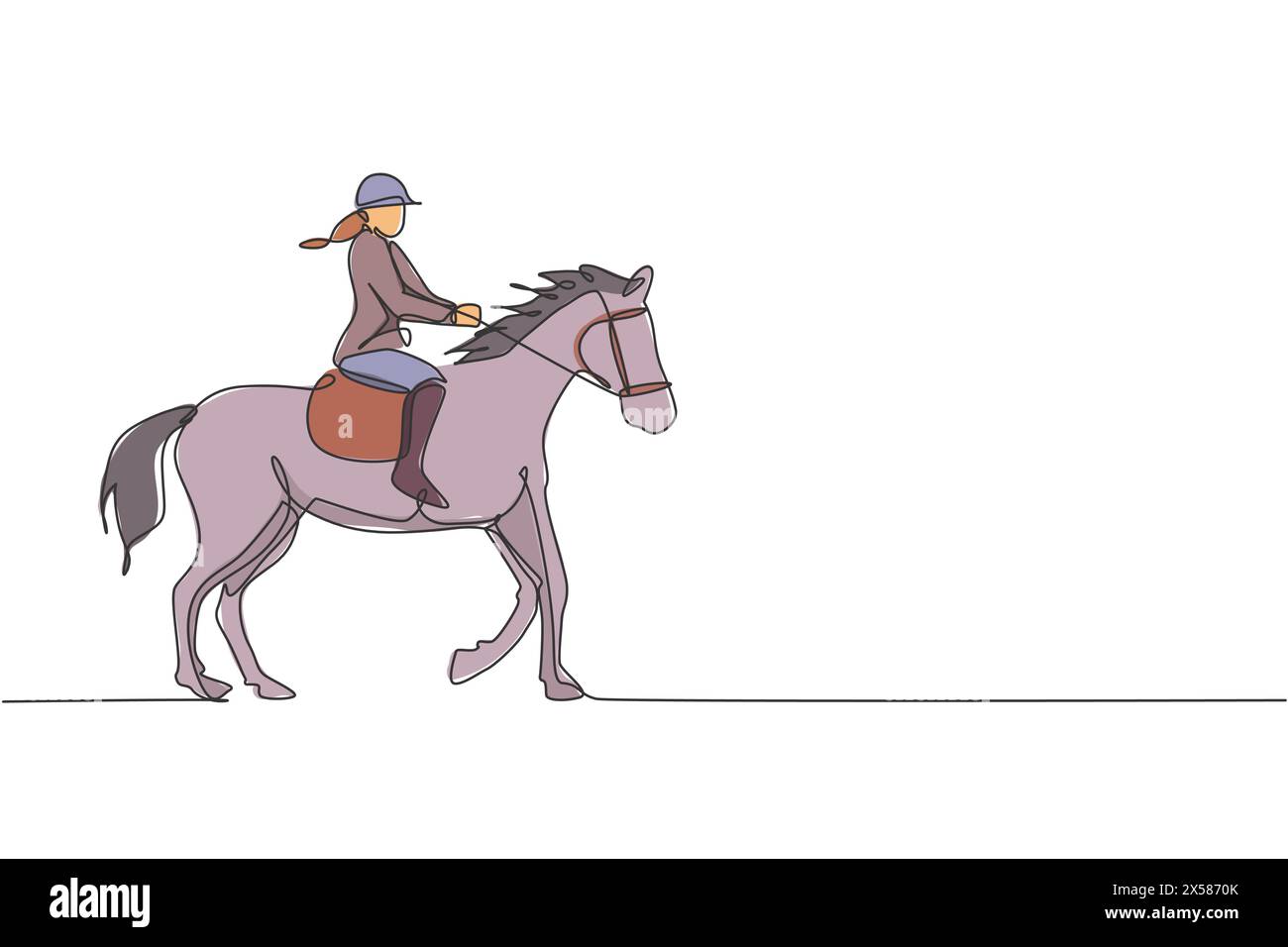 Dessin en ligne continue unique d'un jeune cavalier professionnel marchant avec un cheval autour des écuries. Processus d'entraînement au sport équestre concp Illustration de Vecteur