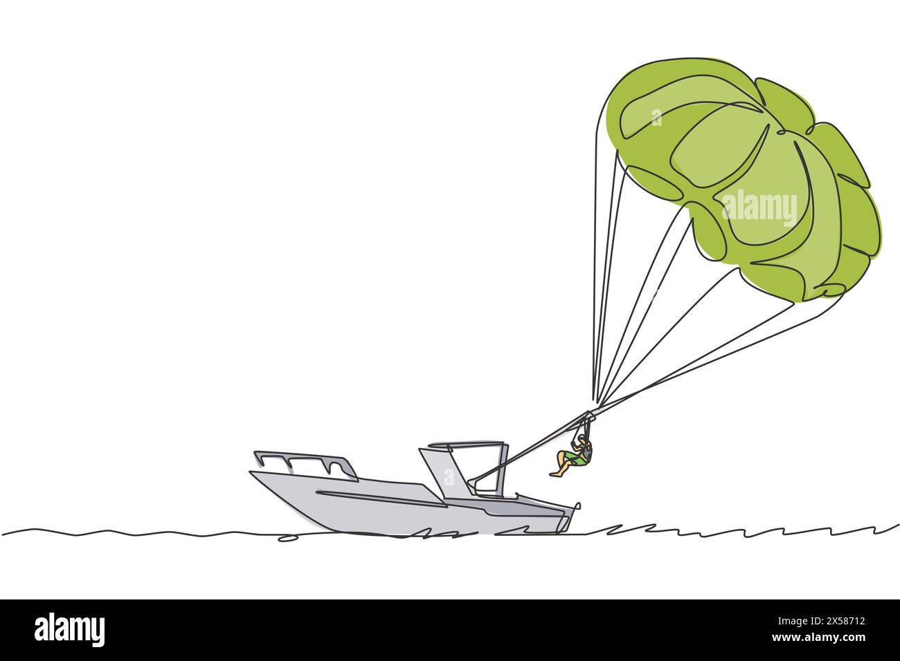 Ligne continue unique dessinant jeune touriste volant avec parachute ascensionnel sur le ciel tiré par un bateau. Concept de sport de vacances extrêmes Illustration de Vecteur