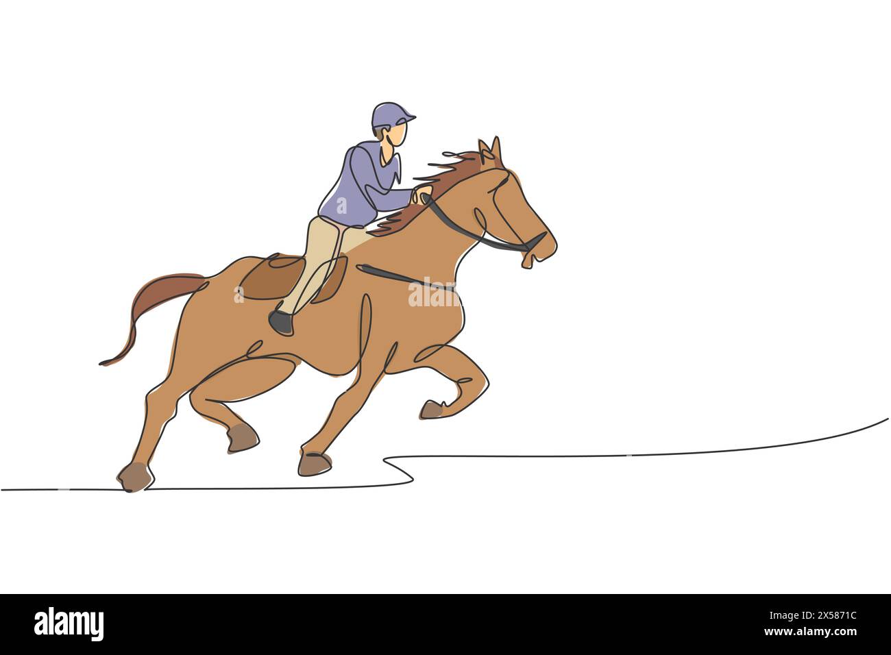 Dessin en ligne continue unique d'un jeune cavalier professionnel courant avec un cheval autour des écuries. Processus d'entraînement au sport équestre concp Illustration de Vecteur