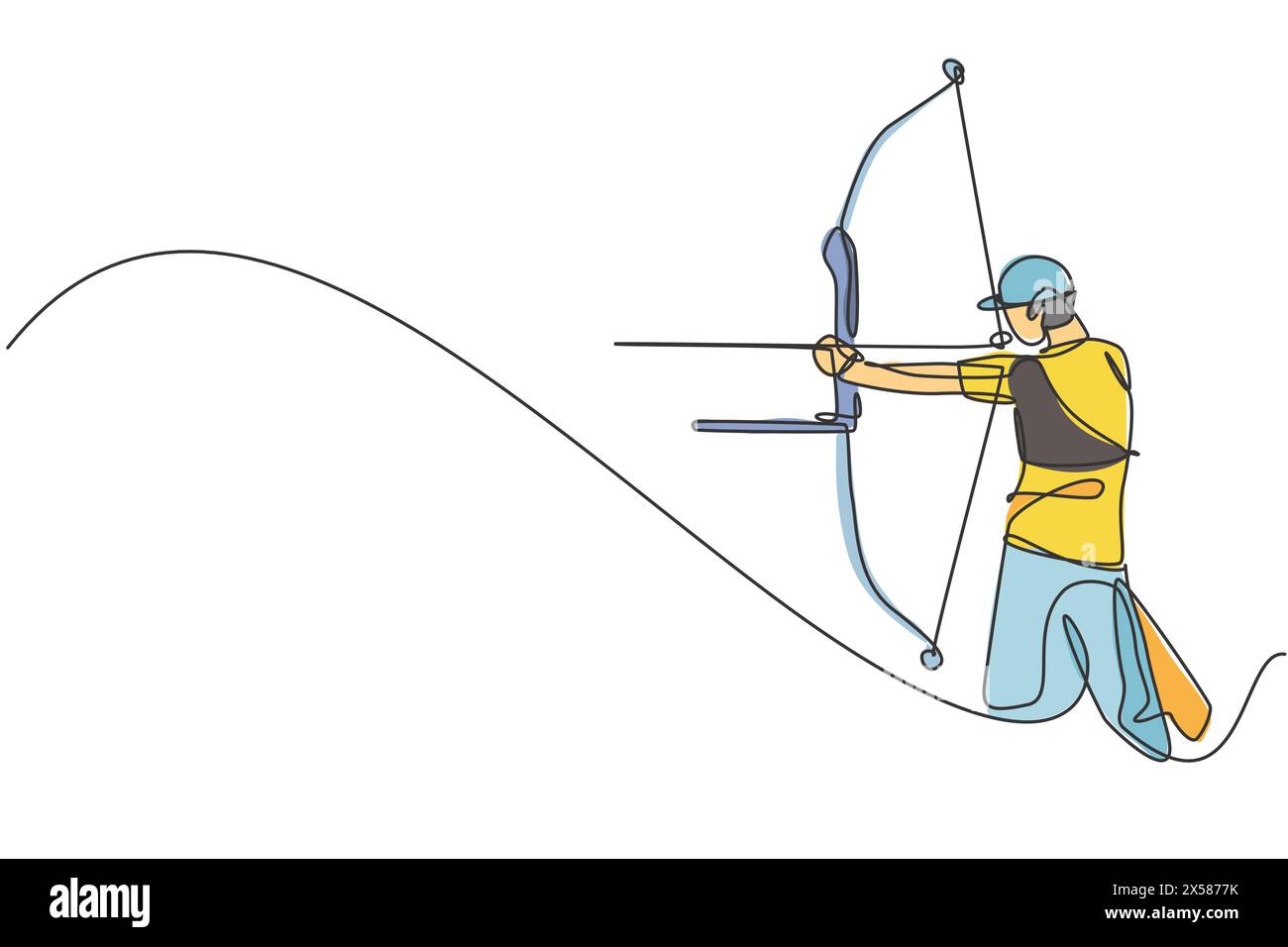 Dessin en ligne continue unique d'un jeune homme archer professionnel ciblant une cible de tir à l'arc. Exercice de sport de tir à l'arc avec le concept d'arc. Tendance un l Illustration de Vecteur