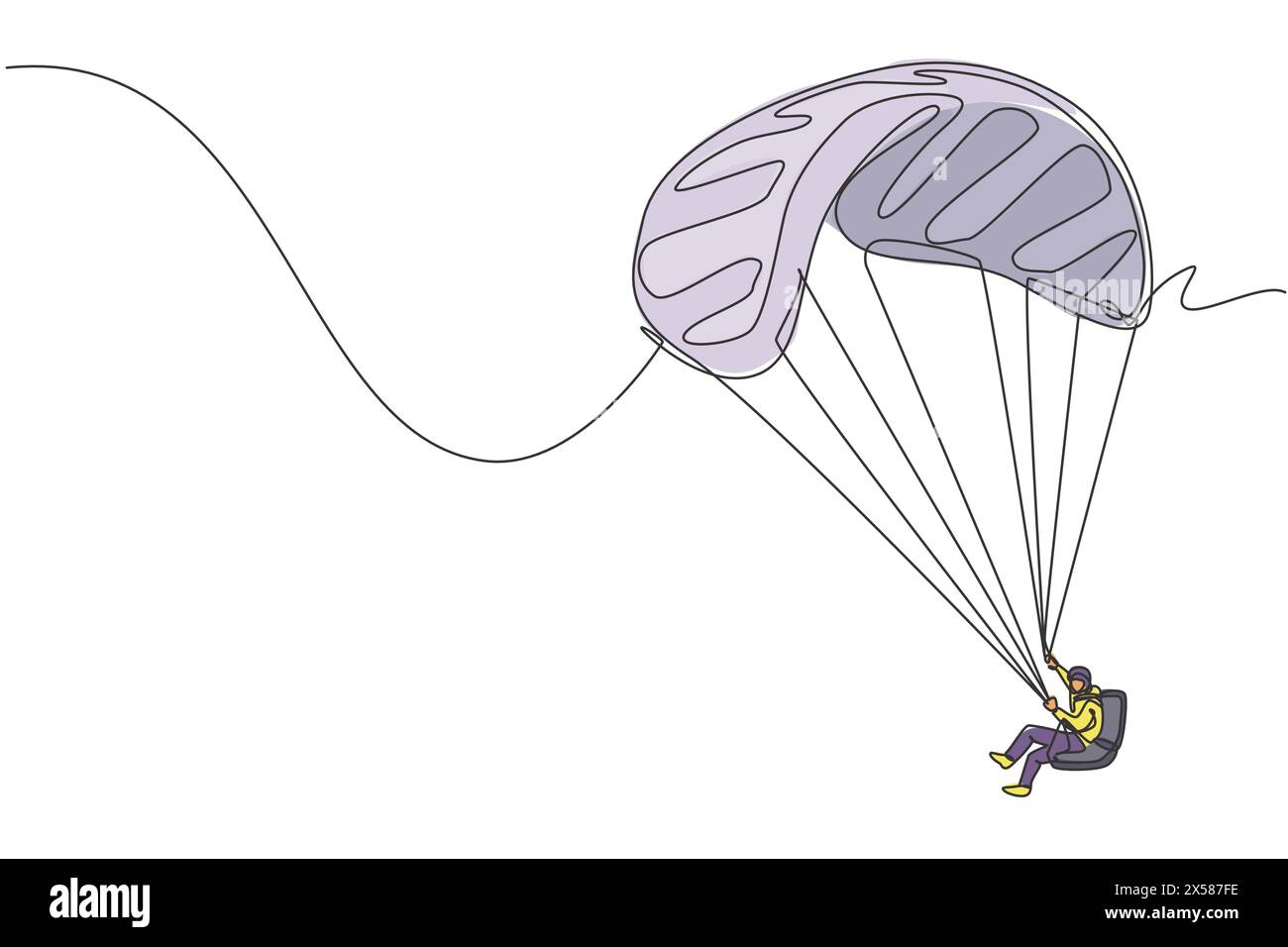 Dessin en ligne continue unique d'un jeune touriste volant avec parachute de parapente sur le ciel. Concept de sport de vacances extrêmes. Tendance un l Illustration de Vecteur