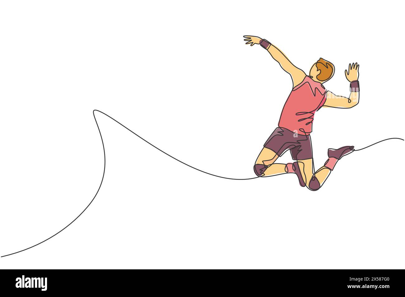 Un dessin simple ligne de jeune joueur professionnel masculin de volley-ball exerçant une pointe de saut sur l'illustration vectorielle du terrain. Concept de sport d'équipe. Tourna Illustration de Vecteur