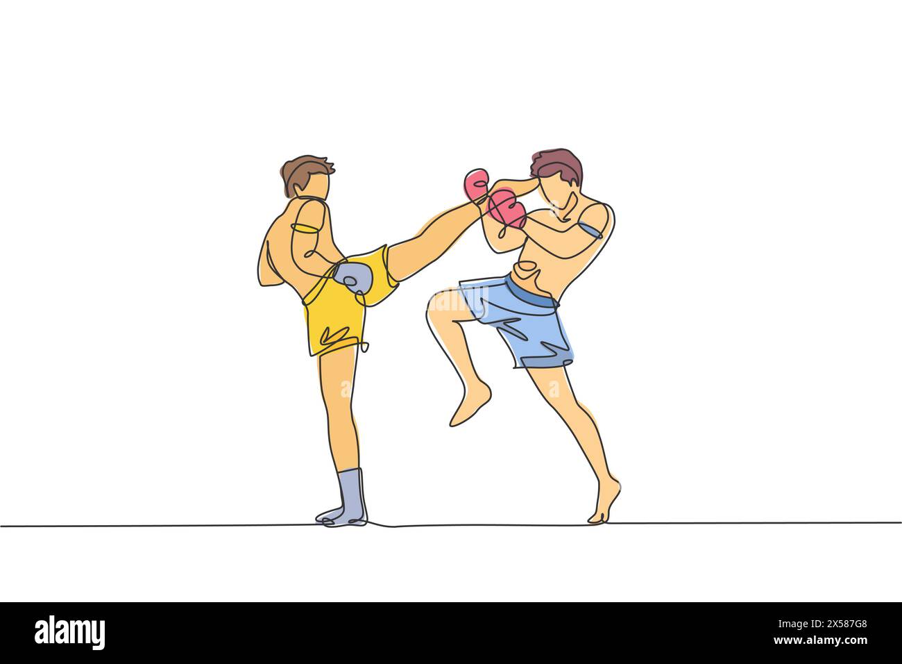 Un dessin simple ligne de jeune homme de combat énergique muay thai exerçant au centre graphique de fitness de gymnastique illustration vectorielle. Boxe thaïlandaise combative s Illustration de Vecteur