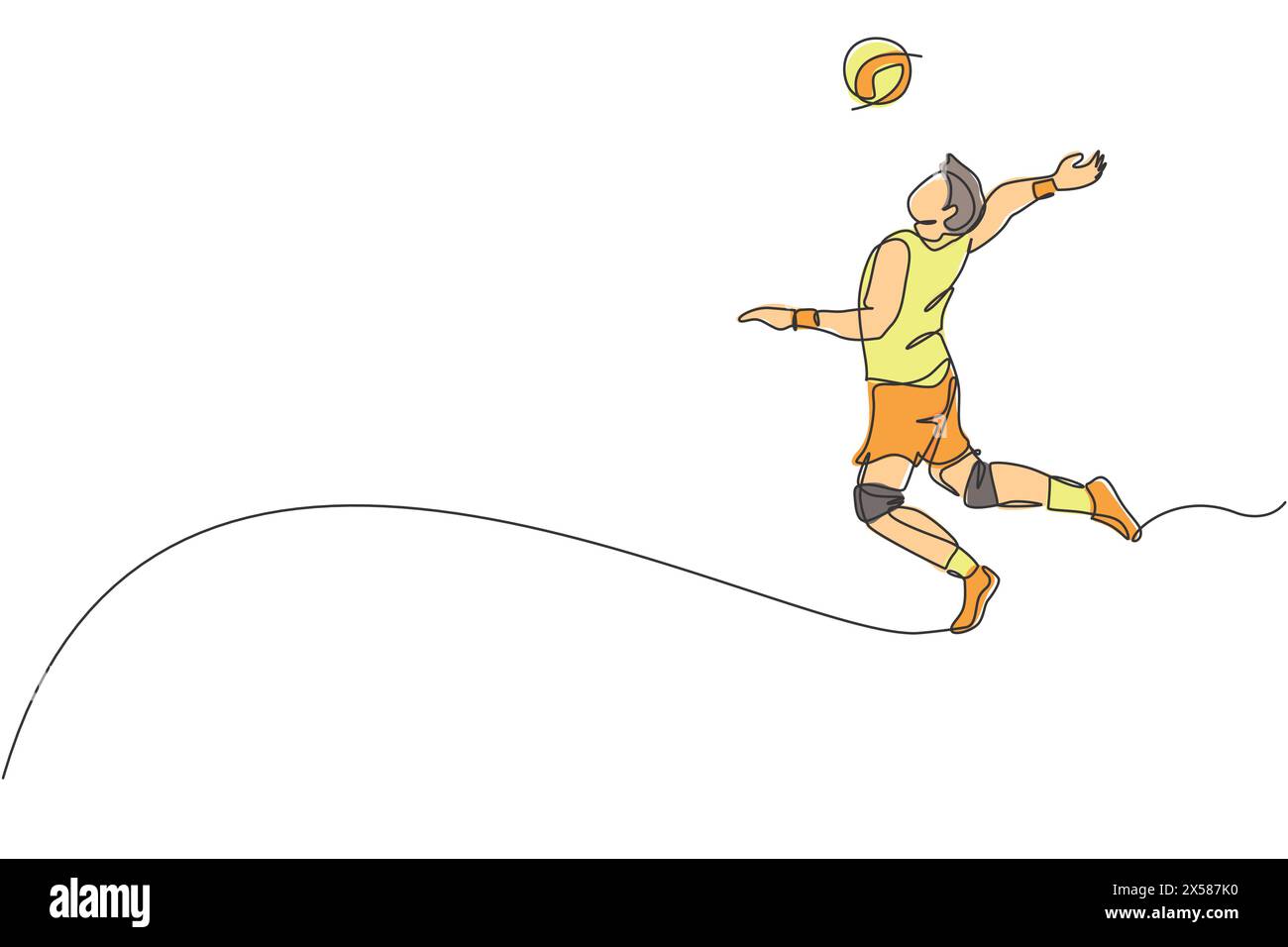 Un dessin simple ligne de jeune joueur professionnel masculin de volley-ball exerçant une pointe de saut sur l'illustration vectorielle du terrain. Concept de sport d'équipe. Tourna Illustration de Vecteur