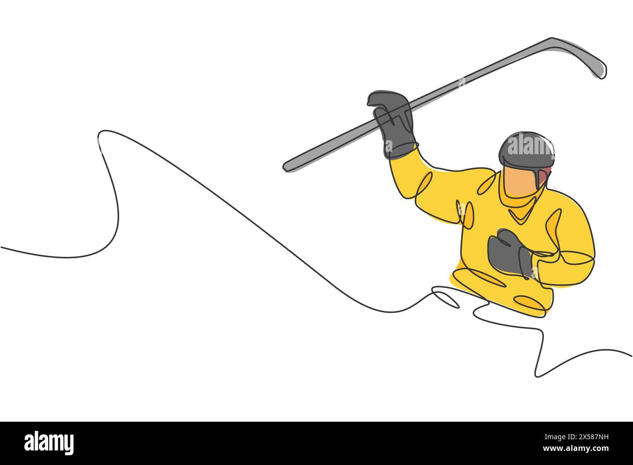 Dessin en ligne continue d'un jeune joueur de hockey sur glace professionnel a frappé la rondelle et attaqué sur l'arène de patinoire. Concept de sport d'hiver extrême. Tendance Illustration de Vecteur