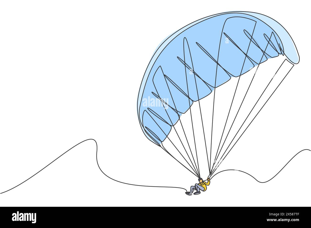 Dessin en ligne continue unique d'un jeune touriste volant avec parachute de parapente sur le ciel. Concept de sport de vacances extrêmes. Tendance un l Illustration de Vecteur