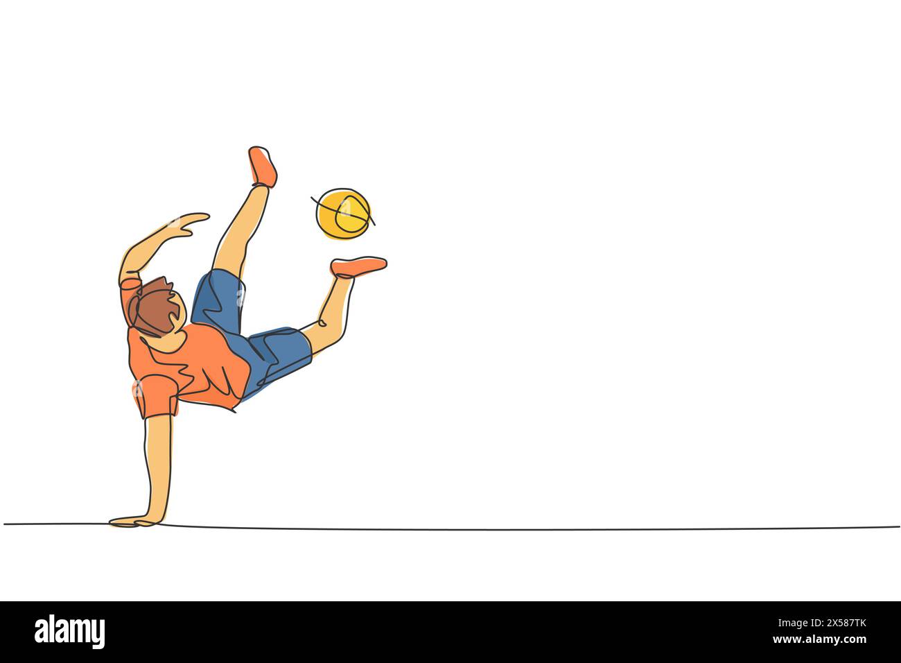 Dessin en ligne continue unique de jeune homme sportif train football freestyle, jonglant avec la plante des pieds sur le terrain. Concept de football freestyler Illustration de Vecteur