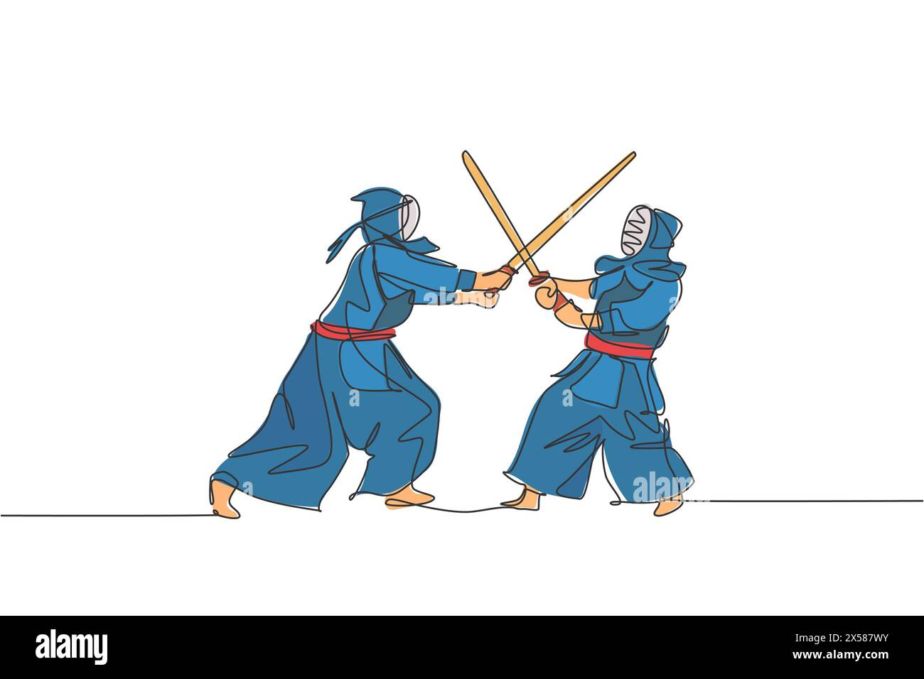 Dessin en ligne continue unique de deux jeunes sportifs pratiquant la défense et l'attaque pour l'art martial de kendo sur le centre sportif de gymnastique. Sport de combat Illustration de Vecteur