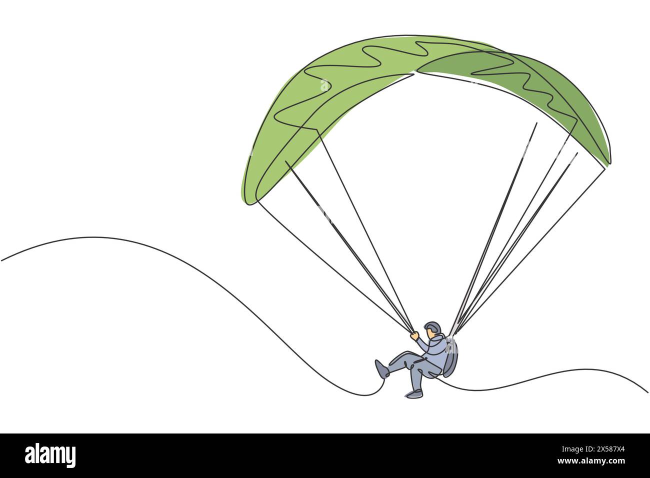 Un dessin en ligne continue d'un jeune homme bravoure volant dans le ciel en parachute de parapente. Concept de sport extrême dangereux en plein air. Singl. Dynamique Illustration de Vecteur