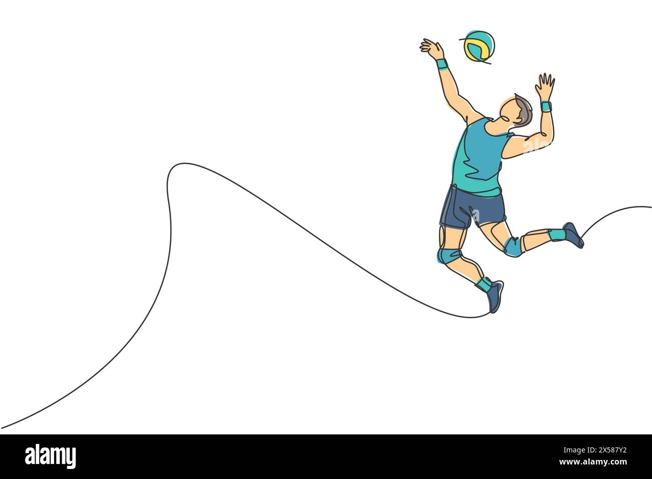 Dessin en ligne continue unique d'un jeune athlète masculin de volley-ball dans l'action saut à la pointe sur le court. Concept de sport d'équipe. Jeu de compétition. Tendance Illustration de Vecteur