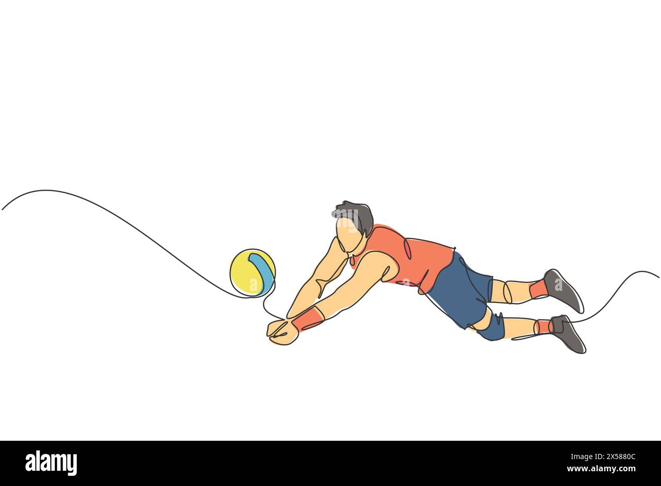 Dessin en ligne continue unique d'un jeune athlète masculin de volley-ball en sautant d'action bloquer la balle sur le terrain. Concept de sport d'équipe. Jeu de compétition Illustration de Vecteur