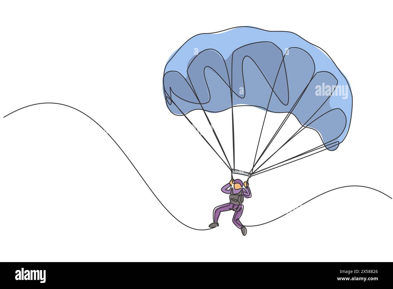 Dessin en ligne continue unique d'un jeune touriste volant avec parachute de parapente sur le ciel. Concept de sport de vacances extrêmes. Tendance un l Illustration de Vecteur