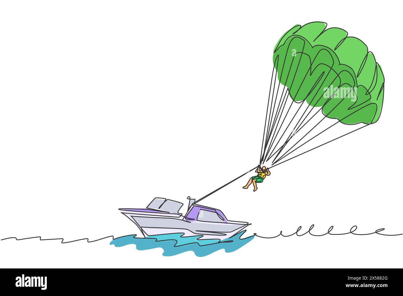 Un dessin simple ligne de jeune homme sportif volant avec parachute ascensionnel sur le ciel tiré par une illustration graphique vectorielle de bateau. Sport extrême c Illustration de Vecteur