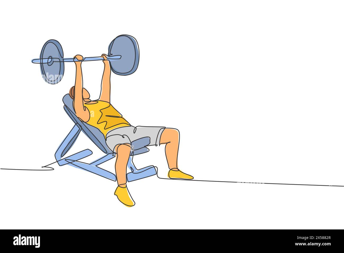 Dessin en ligne continue unique d'une barre d'ascenseur d'entraînement de jeune homme sportif sur la presse de banc dans le centre de club de gymnase sportif. Concept d'étirement de fitness. Illustration de Vecteur