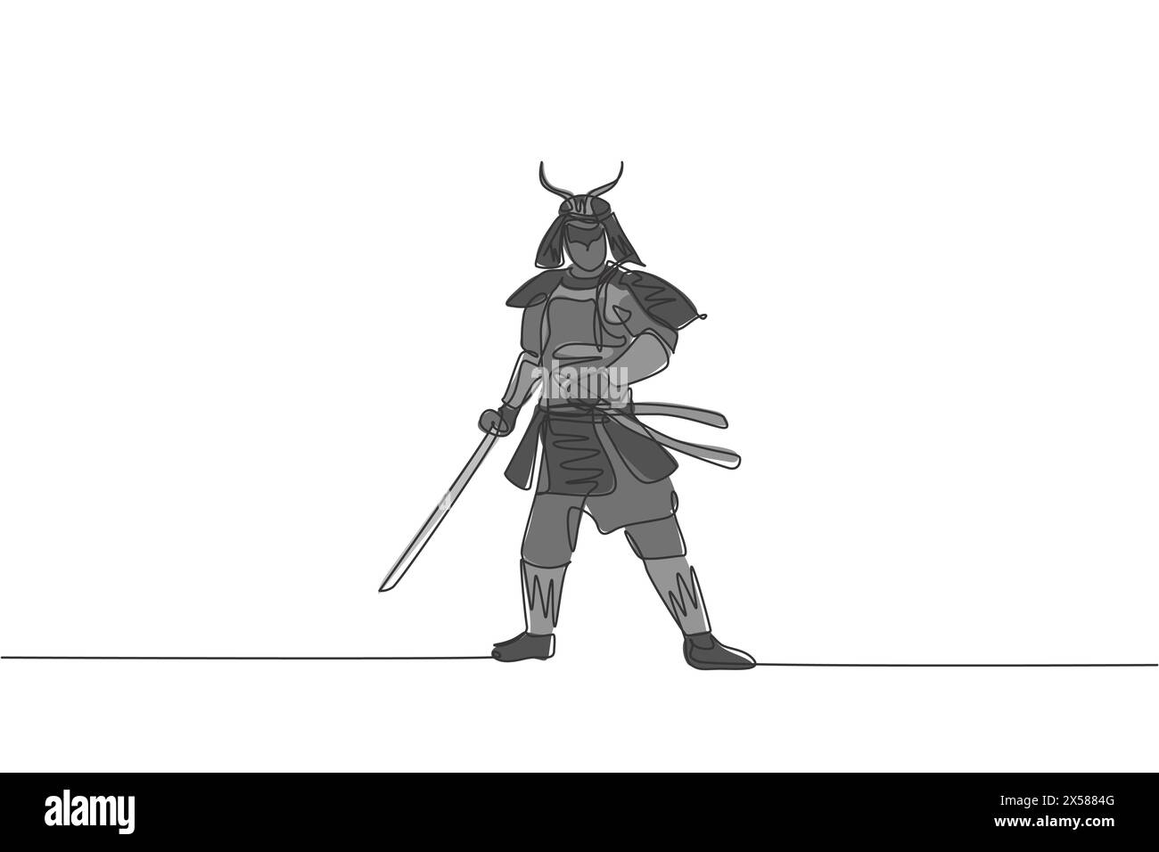 Dessin en ligne continue d'un jeune shogun samouraï fort portant un uniforme traditionnel tenant une épée au festival. Ancien concept de soldat de chasse. Illustration de Vecteur