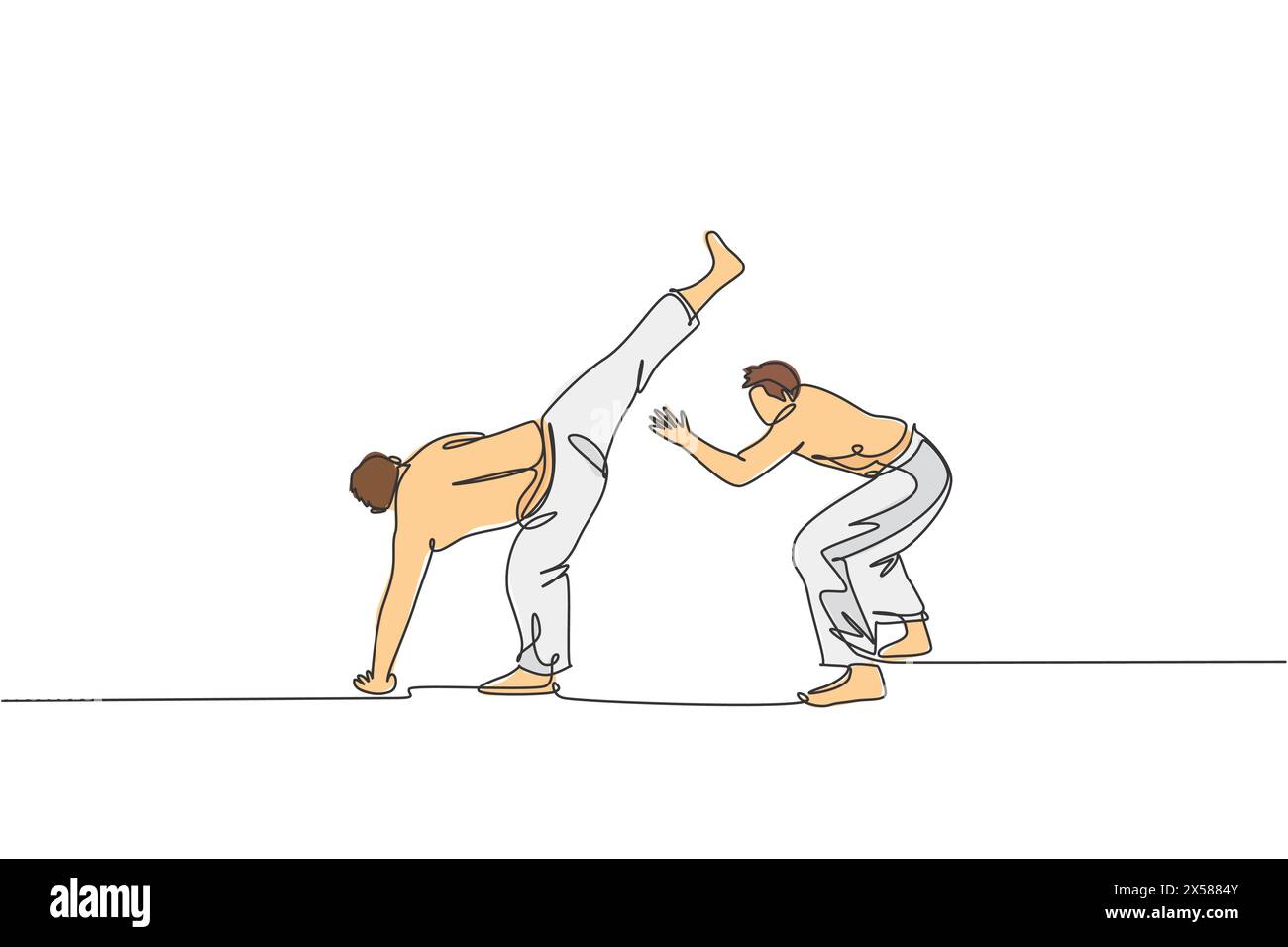 Un dessin au trait continu de deux jeunes combattants brésiliens sportifs entraînant la capoeira sur la plage. Concept de sport de combat traditionnel sain. Dyna Illustration de Vecteur