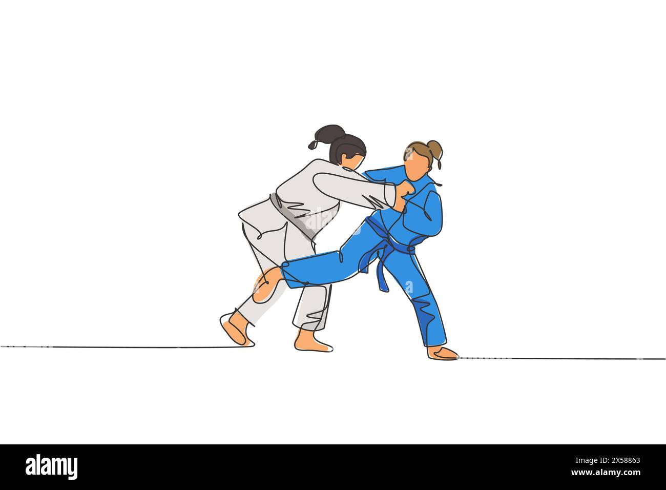 Une ligne continue dessinant deux jeunes femmes sportives qui s'entraînent à la technique du judo dans une salle de sport. Concept de compétition sportive de combat de JIU jitsu. Dynamique s Illustration de Vecteur