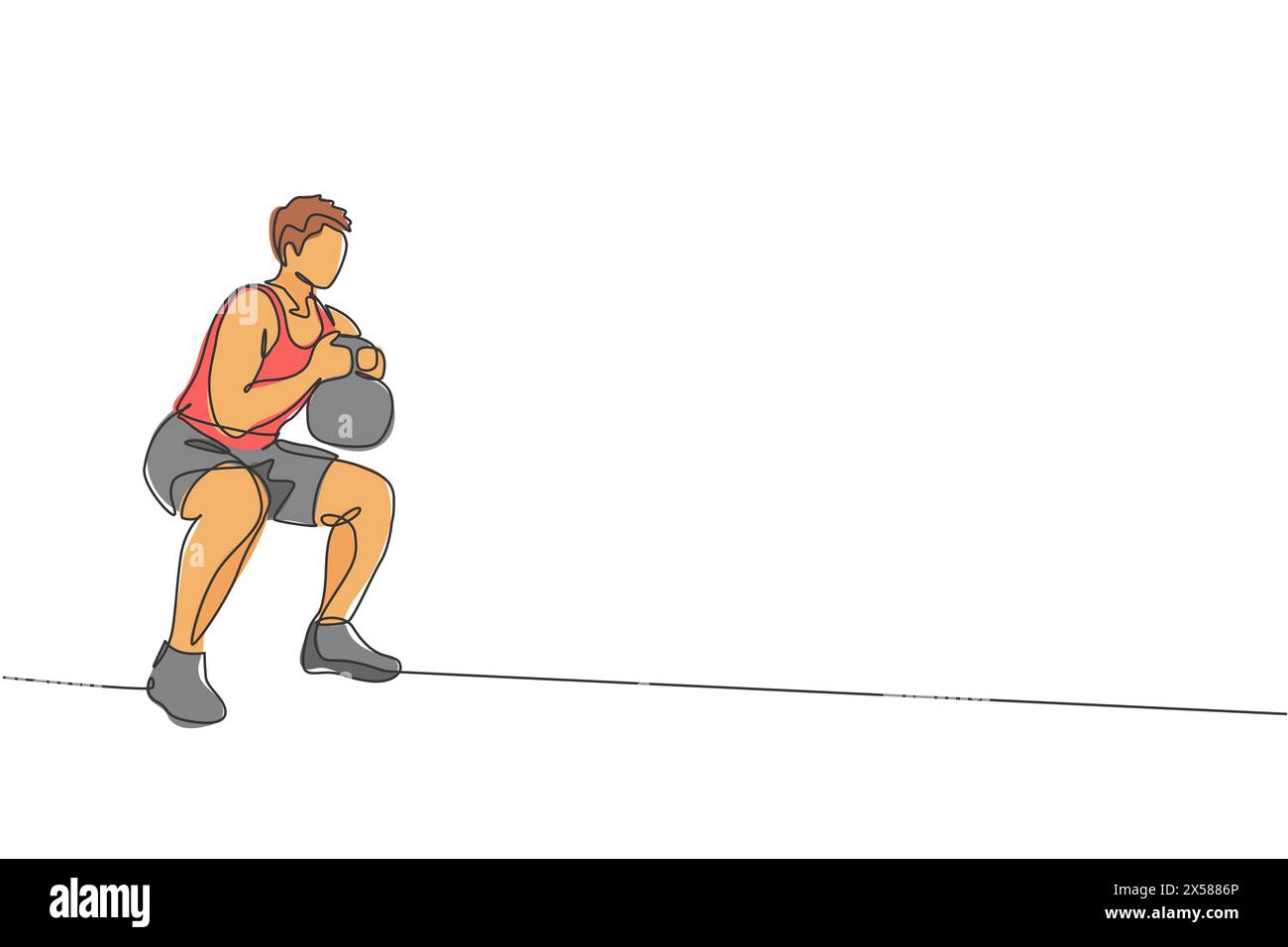 Dessin en ligne continue unique de jeune homme sportif s'entraînant avec kettlebell dans le centre club de gymnase sportif. Concept d'étirement de fitness. Tendance un l Illustration de Vecteur