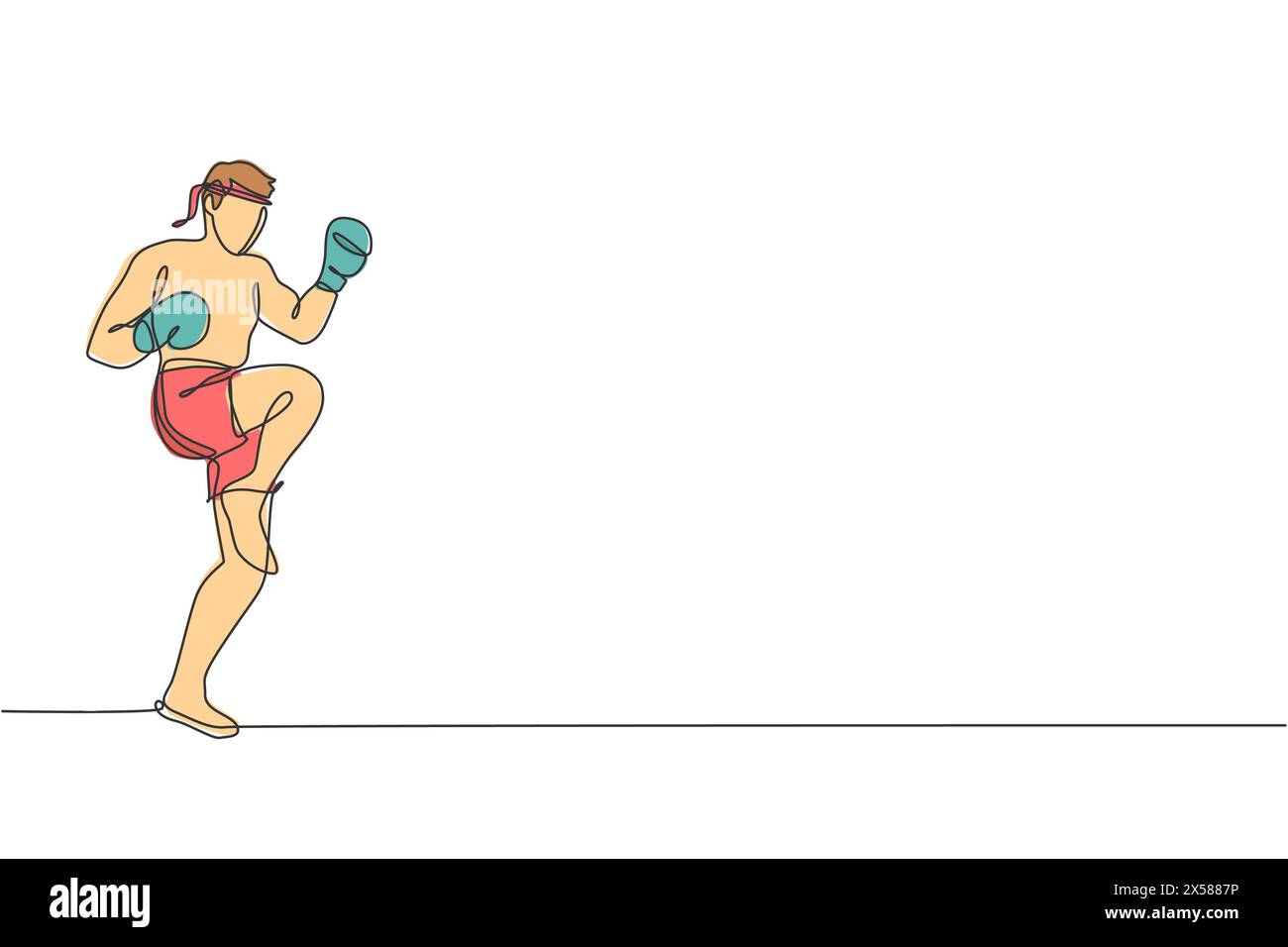 Un dessin simple ligne de jeune homme de combat énergique muay thai exerçant un coup de pied au centre de fitness de gymnastique illustration vectorielle. Boxe thaïlandaise combative spor Illustration de Vecteur
