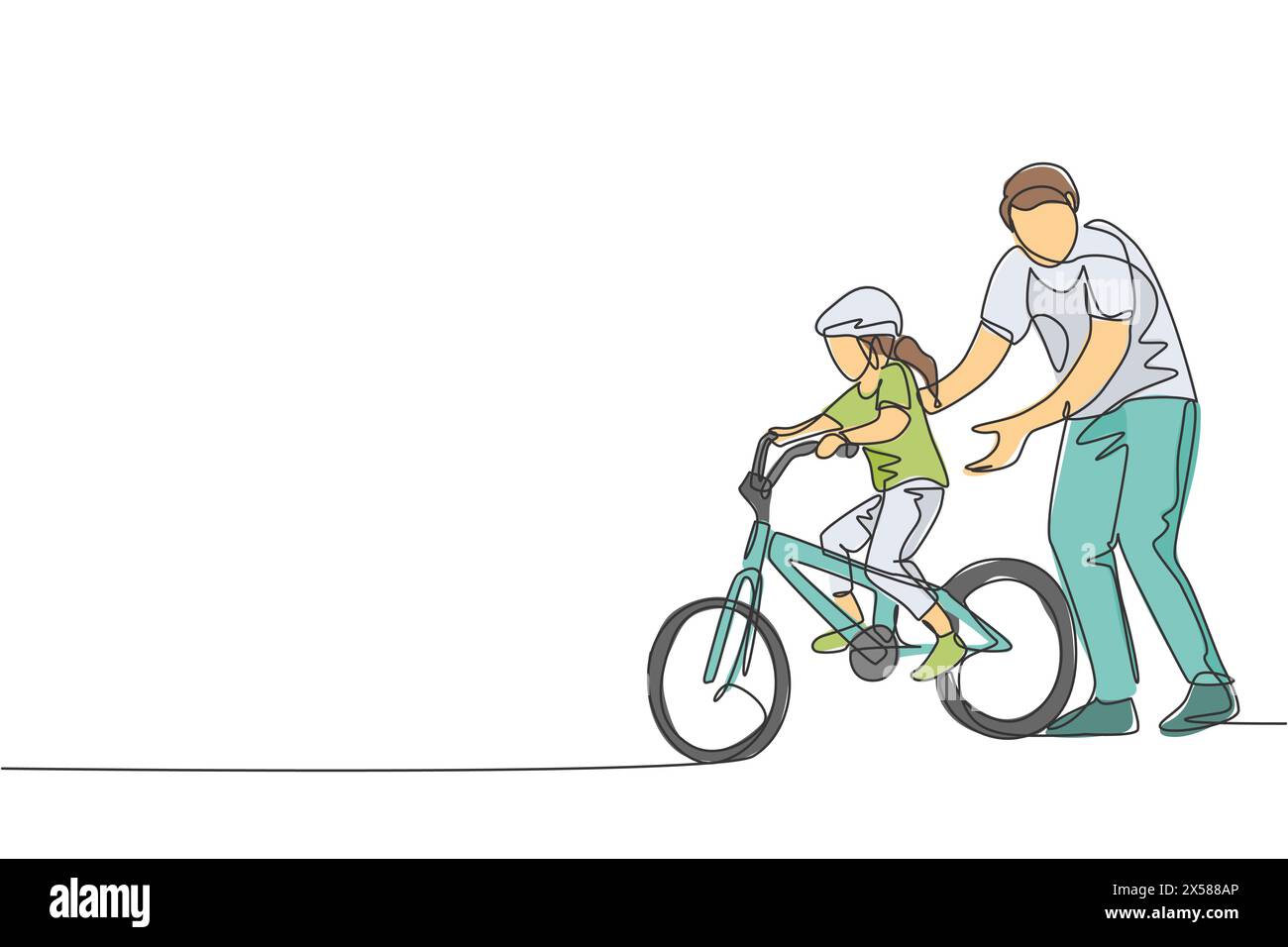 Une seule ligne dessinant jeune père enseignant sa fille à vélo au parc public illustration graphique vectorielle. Leçon de paternité. Famille urbaine Illustration de Vecteur