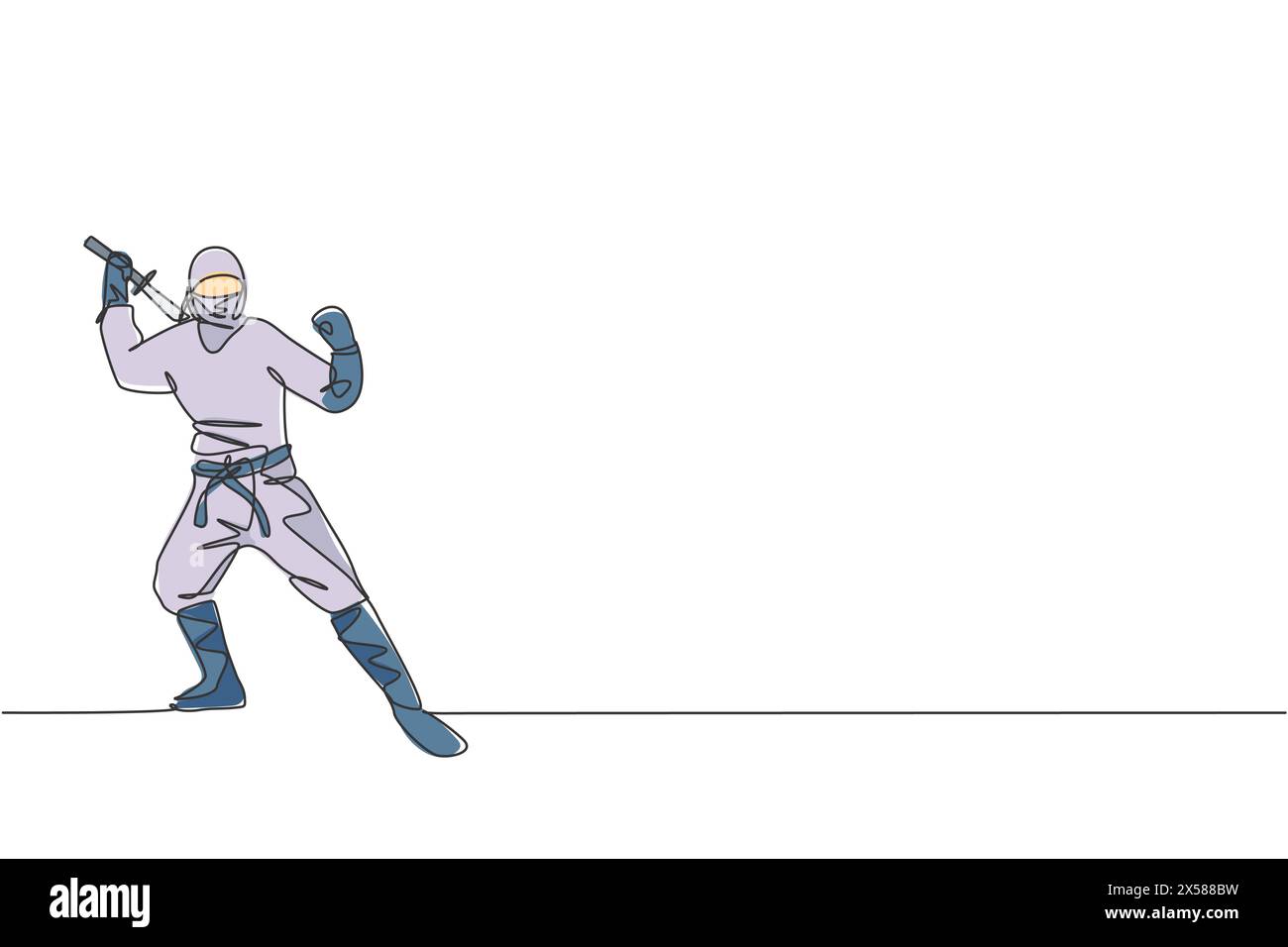 Un dessin d'une seule ligne représentant un jeune ninja traditionnel japonais énergique tenant une épée de samouraï sur une illustration vectorielle de pose d'attaque. Art martial combatif Illustration de Vecteur