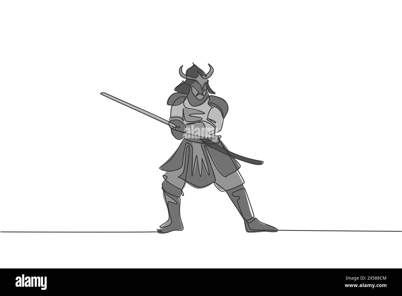 Un dessin en ligne continue d'un jeune shogun samouraï bravoure portant un masque prêt à attaquer lors de la séance d'entraînement. Concept de sport combatif d'art martial. DYN Illustration de Vecteur
