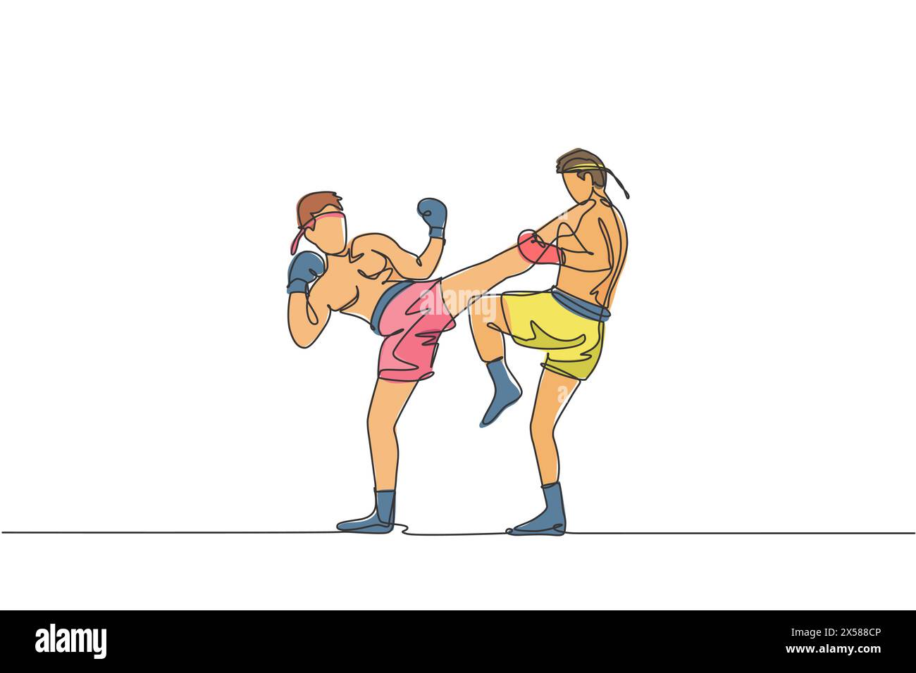 Un dessin simple ligne de deux jeunes hommes énergiques de combat muay thai s'entraînent pour duel à l'illustration vectorielle du centre de fitness de gymnastique. Boxe thaïlandaise combative sp Illustration de Vecteur