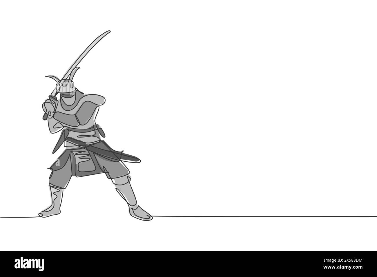 Un dessin en ligne continue d'un jeune shogun samouraï bravoure portant un masque prêt à attaquer lors de la séance d'entraînement. Concept de sport combatif d'art martial. DYN Illustration de Vecteur