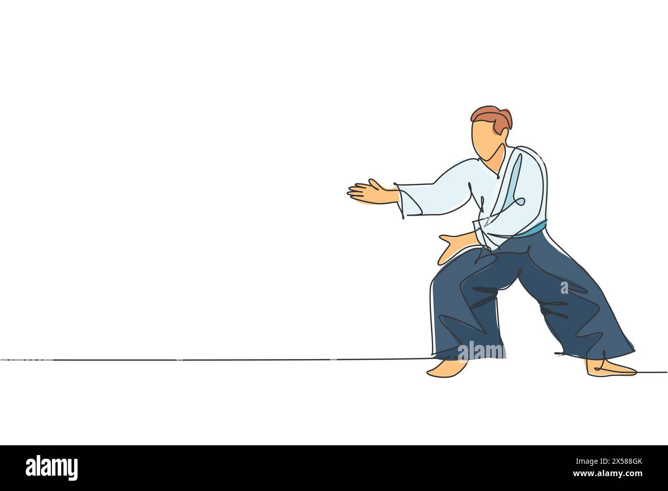 Un dessin en ligne continue de la posture de combat d'un jeune homme aikido pratiquant la posture de combat au centre d'entraînement du dojo. Concept de sport combatif d'art martial. Dy Illustration de Vecteur