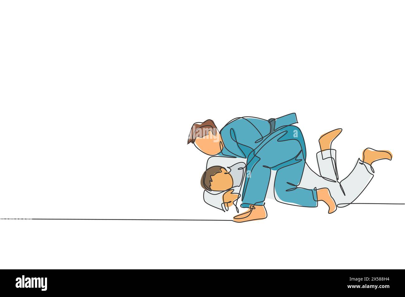 Un dessin au trait continu de deux jeunes hommes sportifs qui s'entraînent à la technique du judo à la salle de sport. Concept de compétition sportive de combat de JIU jitsu. Dynamique s Illustration de Vecteur