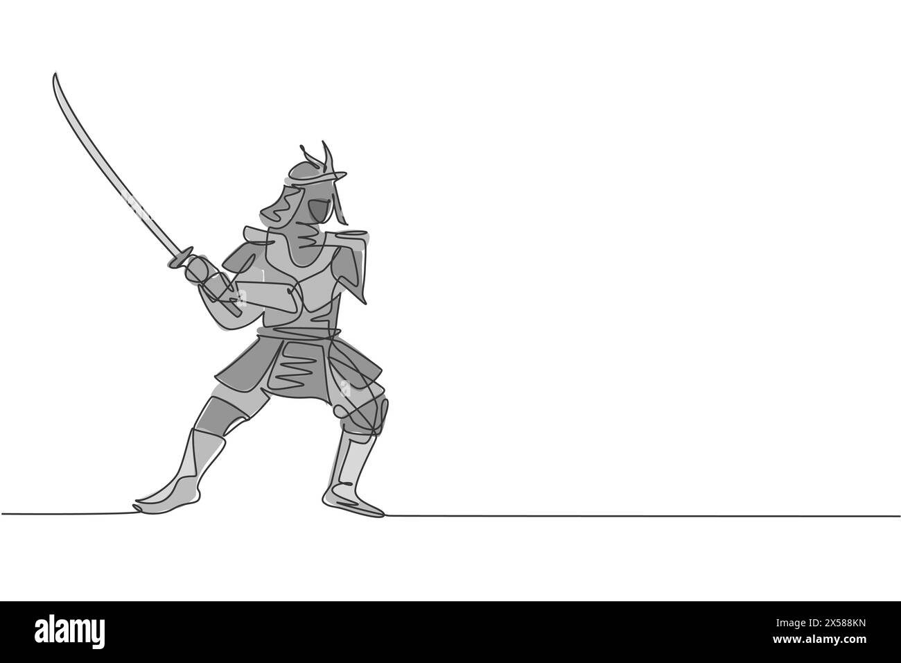 Dessin en ligne continue d'un jeune shogun samouraï fort portant un uniforme traditionnel tenant une épée au festival. Ancien concept de soldat de chasse. Illustration de Vecteur