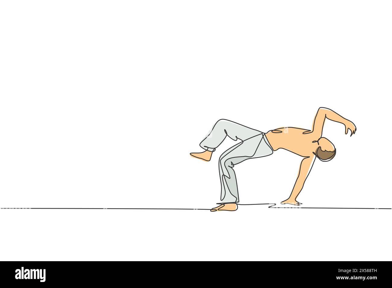 Dessin en ligne continue unique d'un jeune homme sportif pratiquant la danse de mouvement de capoeira brésilienne dans une rue en plein air. Culture art martial et concept sportif. Illustration de Vecteur