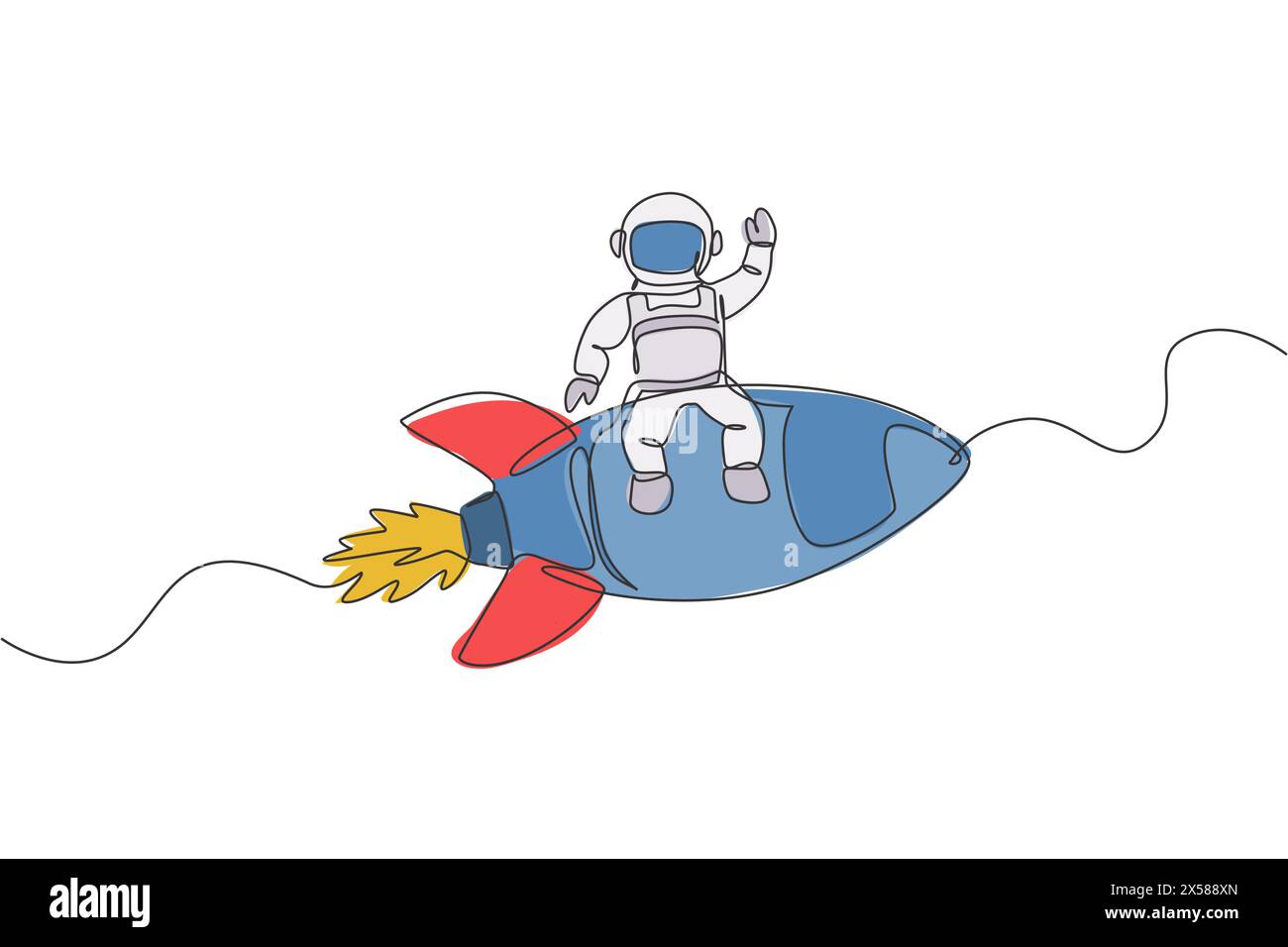 Un dessin au trait continu de l'astronaute de l'espace agitant la main et assis sur la fusée volante. Cosmonaute exploration de l'espace extra-atmosphérique concept. Dynamique unique l Illustration de Vecteur