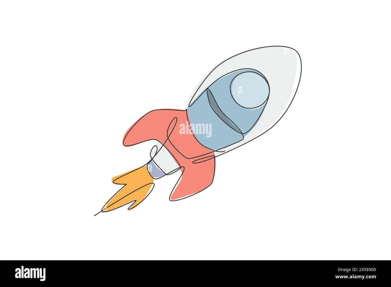 Un dessin au trait continu d'un simple vaisseau spatial rétro volant jusqu'à la nébuleuse de l'espace extra-atmosphérique. Lancement de vaisseau spatial fusée dans le concept de l'univers. Si dynamique Illustration de Vecteur