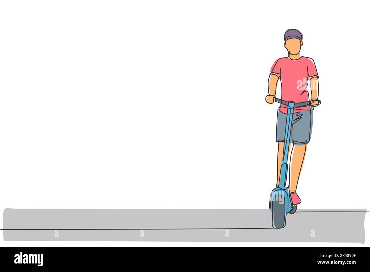 Un dessin simple ligne de jeune homme énergique chevauchant scooter électrique à l'illustration graphique vectorielle du parc de la ville. Transports futurs. Mode de vie sain s Illustration de Vecteur