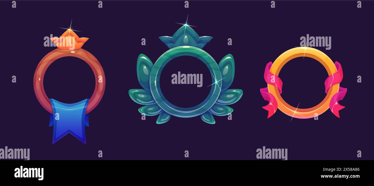 Icône de badge d'avatar de cercle d'or pour la conception de jeu d'interface utilisateur. Bordure de rang vide avec couronne pour interface médiévale. Actif rond de réalisation en pierre ou en bois. RPG progrès ancien ou élément de médaille dessin animé Illustration de Vecteur