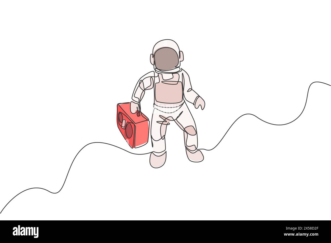 Un dessin simple ligne de l'homme de l'espace volant et apportant la radio rétro dans l'illustration vectorielle graphique de l'espace lointain. Affiche de concert de musique avec astronome de l'espace Illustration de Vecteur