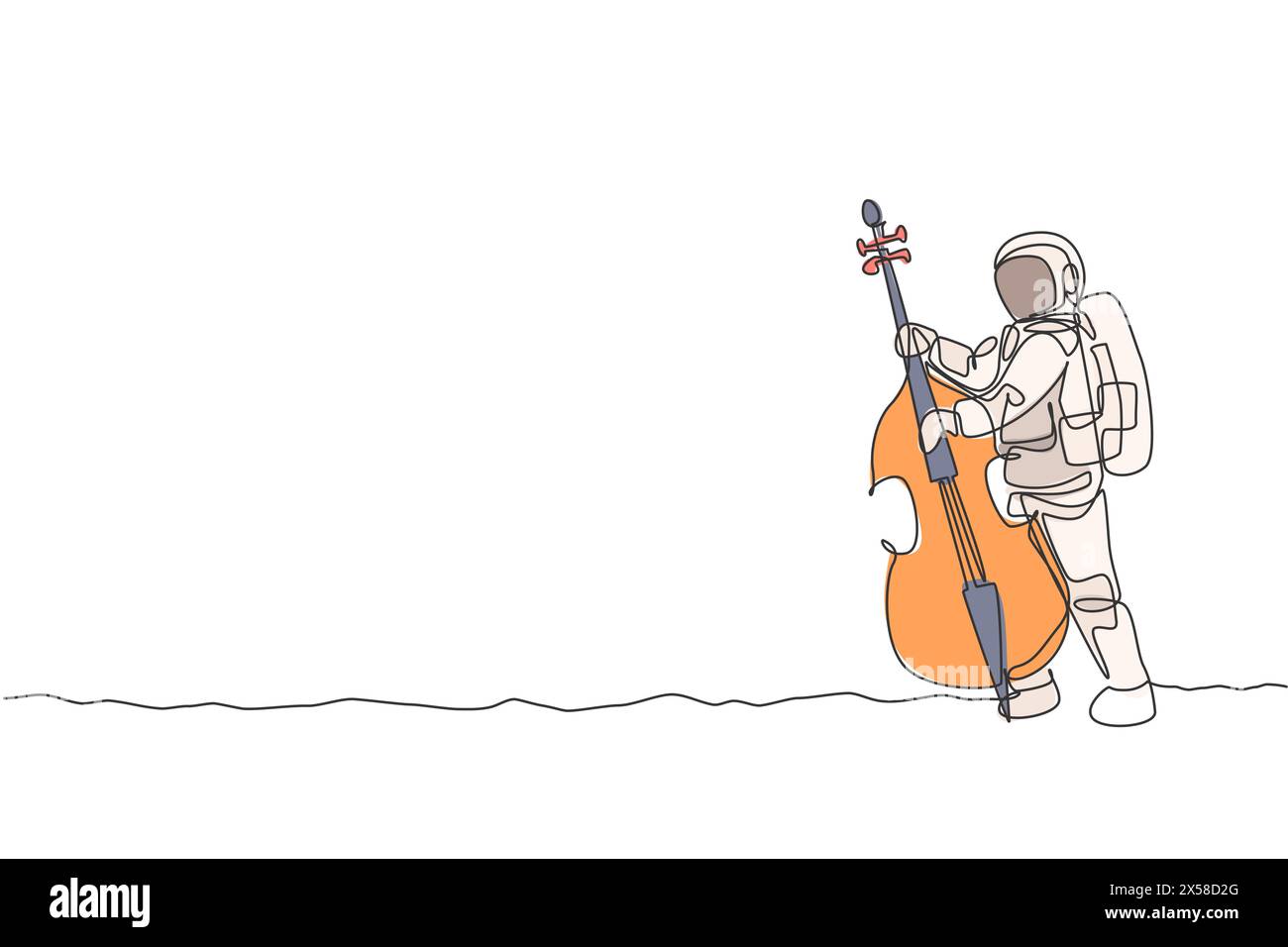 Un dessin simple ligne de violoncelliste de l'homme de l'espace jouant un instrument de musique violoncelle sur l'illustration vectorielle de surface de lune. Affiche de concert de musique avec espace astr Illustration de Vecteur
