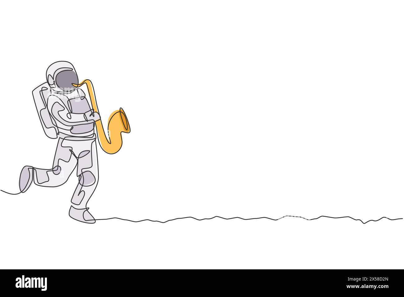 Dessin d'un astronaute jouant d'un instrument de musique de saxophone à la surface de la lune. Concept de concert musical Deep Space. Tendance une ligne gr Illustration de Vecteur