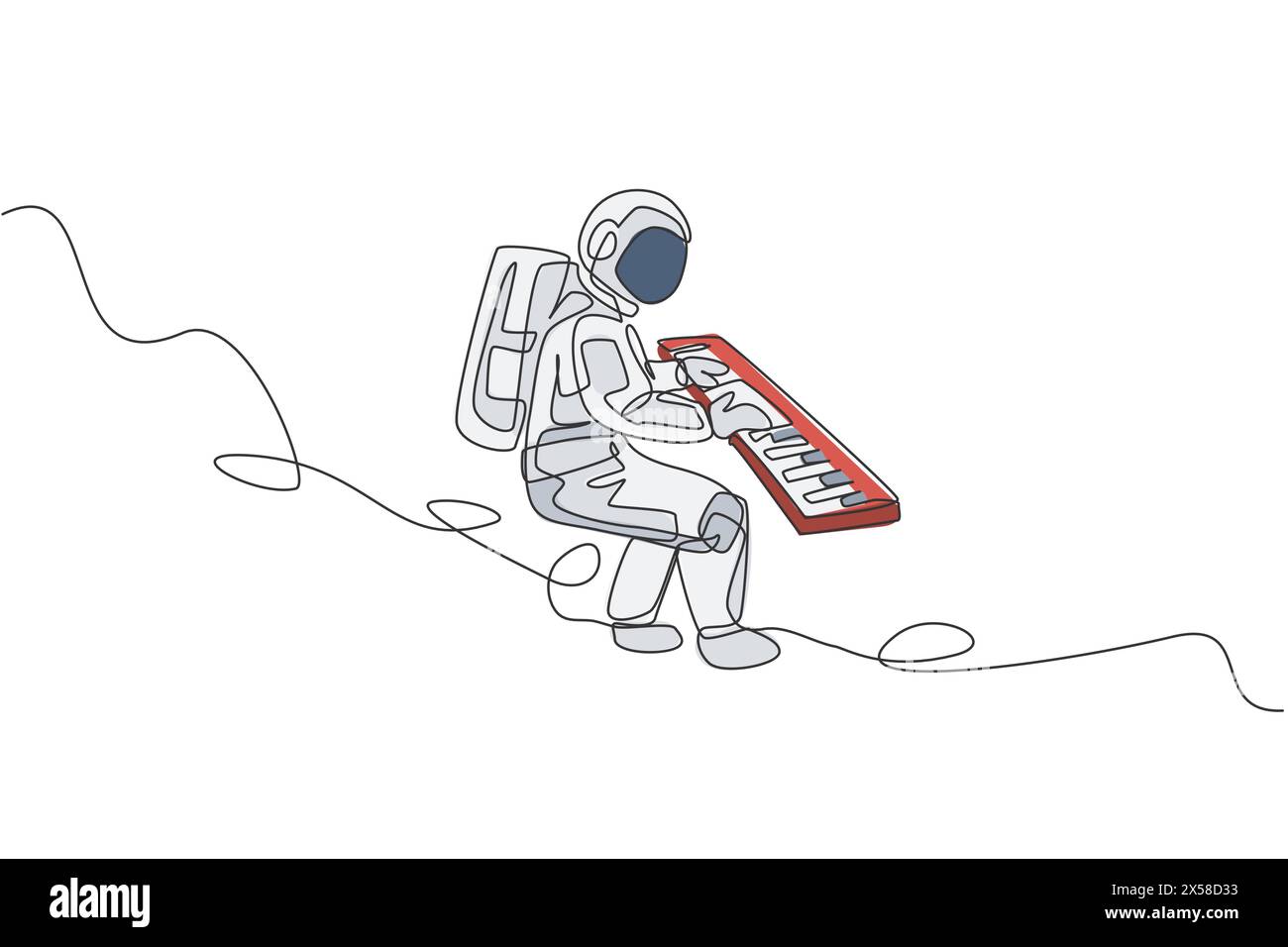 Un dessin simple ligne de Spaceman jouant un instrument de musique à clavier dans l'illustration vectorielle graphique de l'espace lointain. Affiche de concert de musique avec espace ast Illustration de Vecteur