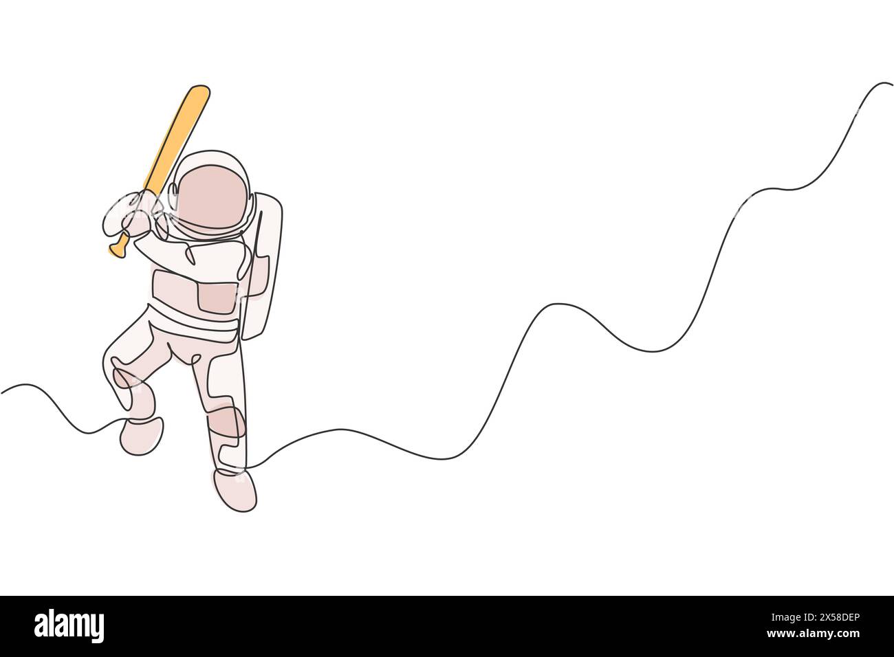 Dessin en ligne continue unique d'un astronaute jouant au baseball sur la surface de la lune. Astronomie spatiale galaxie concept de sport. Dessiner une ligne à la mode dessiner une desig Illustration de Vecteur