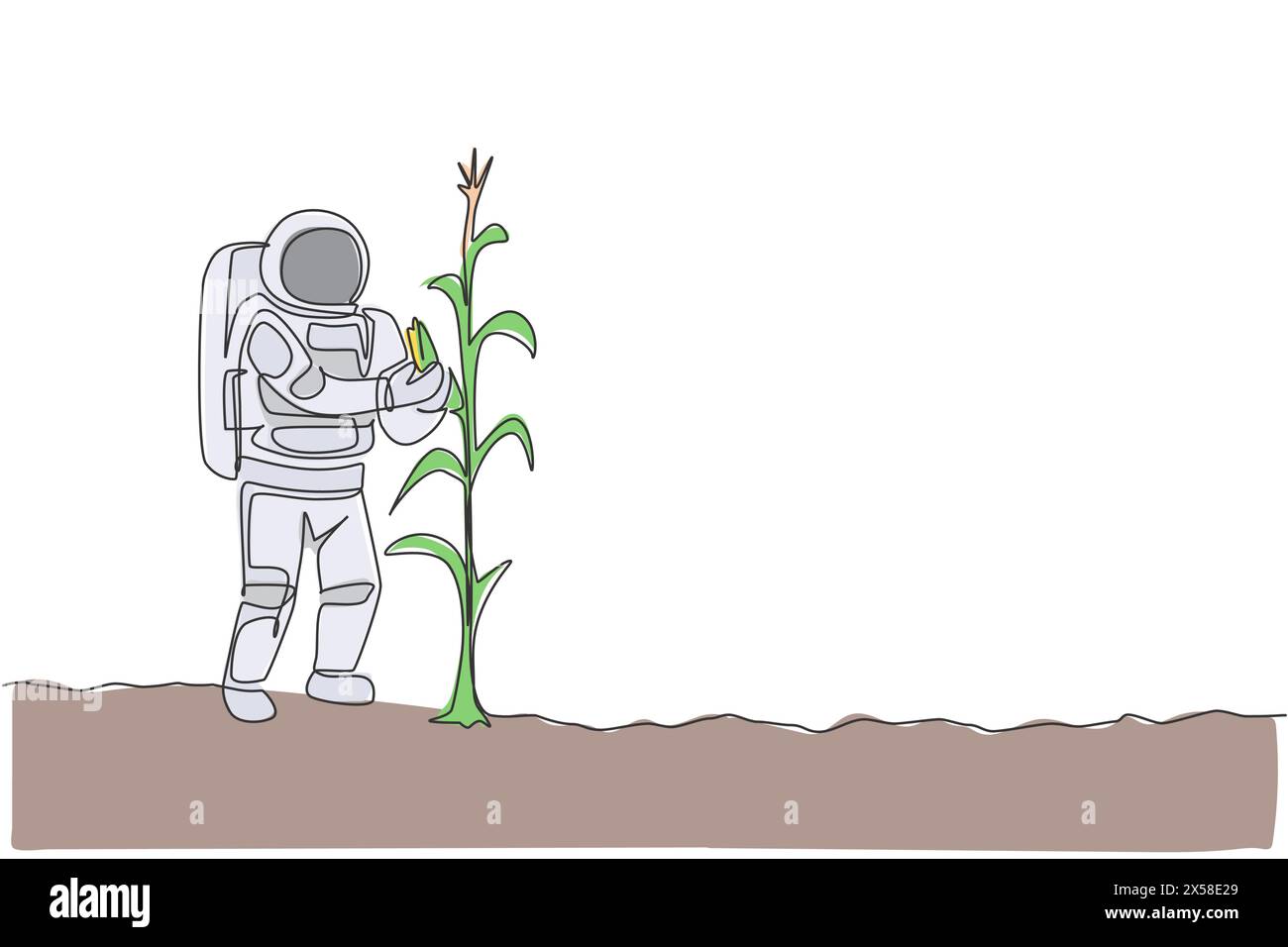Un dessin en ligne continue de Spaceman cueillant du maïs sucré de la plante dans la surface de la lune. Concept d'astronaute agricole dans l'espace profond. Dessin dynamique à une ligne Illustration de Vecteur