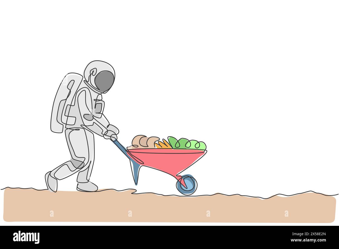 Un dessin d'une seule ligne d'astronaute poussant la brouette pleine de fruits et légumes dans le graphique d'illustration vectorielle de surface de lune. L'espace extra-atmosphérique Farmin Illustration de Vecteur