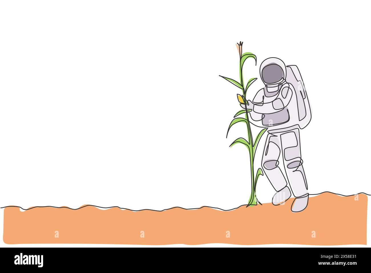 Un dessin simple ligne de l'astronaute cueillant le maïs de la plante dans l'illustration vectorielle de la surface de la lune. Concept de récolte agricole dans l'espace extra-atmosphérique. Continuo moderne Illustration de Vecteur