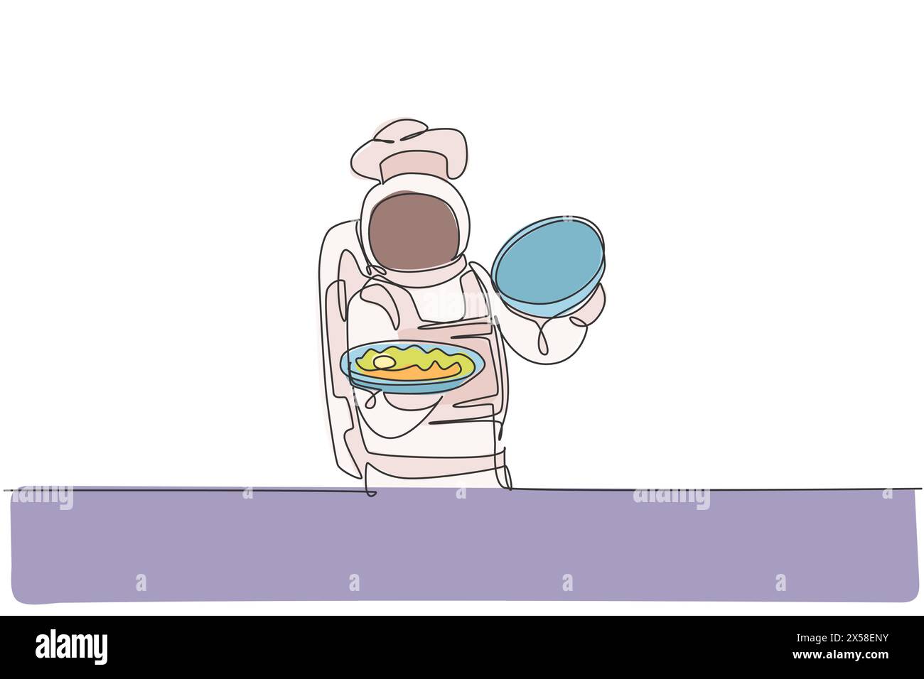 Un dessin au trait continu du jeune chef astronaute ouvrant le plateau cloche alimentaire avec un délicieux plat. Cuisine saine menu de nourriture sur concept de restaurant. DYN Illustration de Vecteur